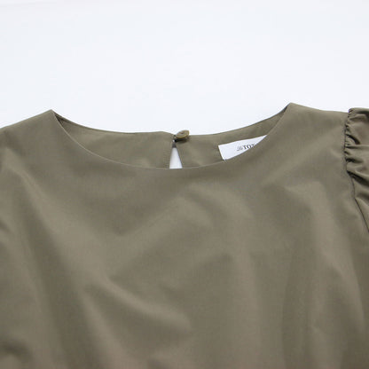 23秋冬 バックオープンギャザーワンピース / ドレス クルーネック 長袖 パフスリーブ フレア Aライン ウォッシャブル