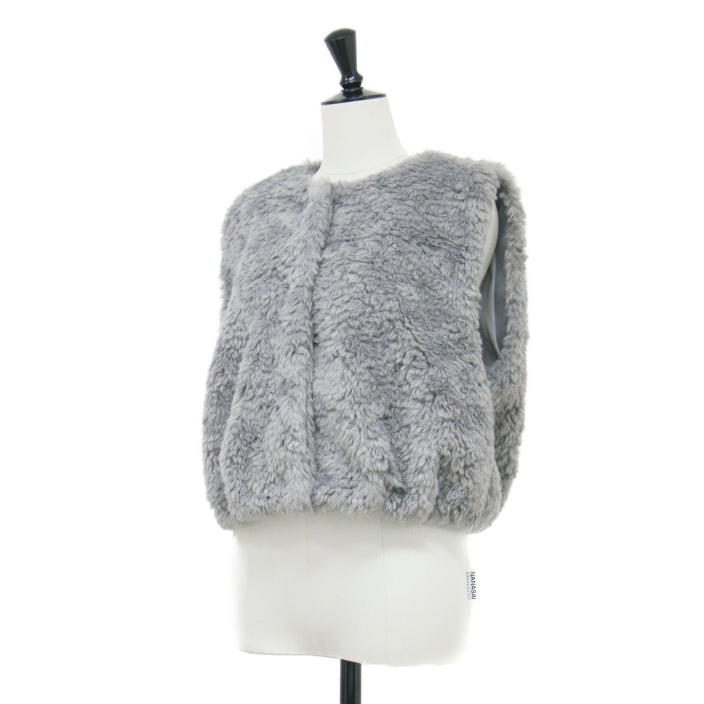 24秋冬 ランダムファー ショートベスト / ジレ クルーネック クロップド丈 パフシルエット