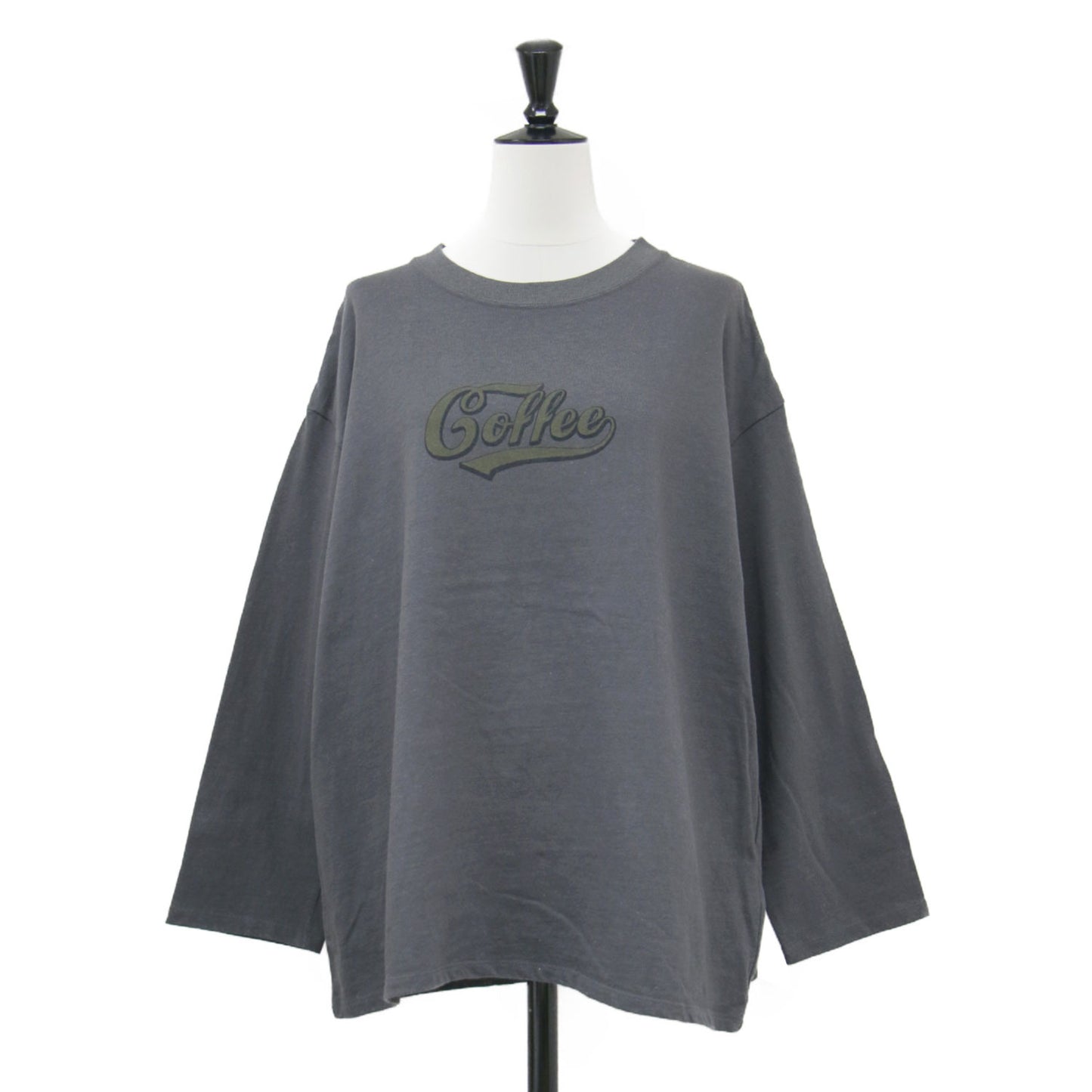 25秋冬 妄想カフェ 長袖Tシャツ / プルオーバー クルーネック ドロップショルダー コットン プリント ロゴ ネップ加工