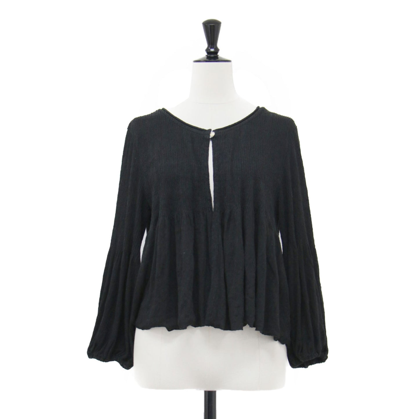 リネン 1B フレア ワイドスリーブ ボレロ / カーディガン 長袖 クルーネック リブ ギャザー