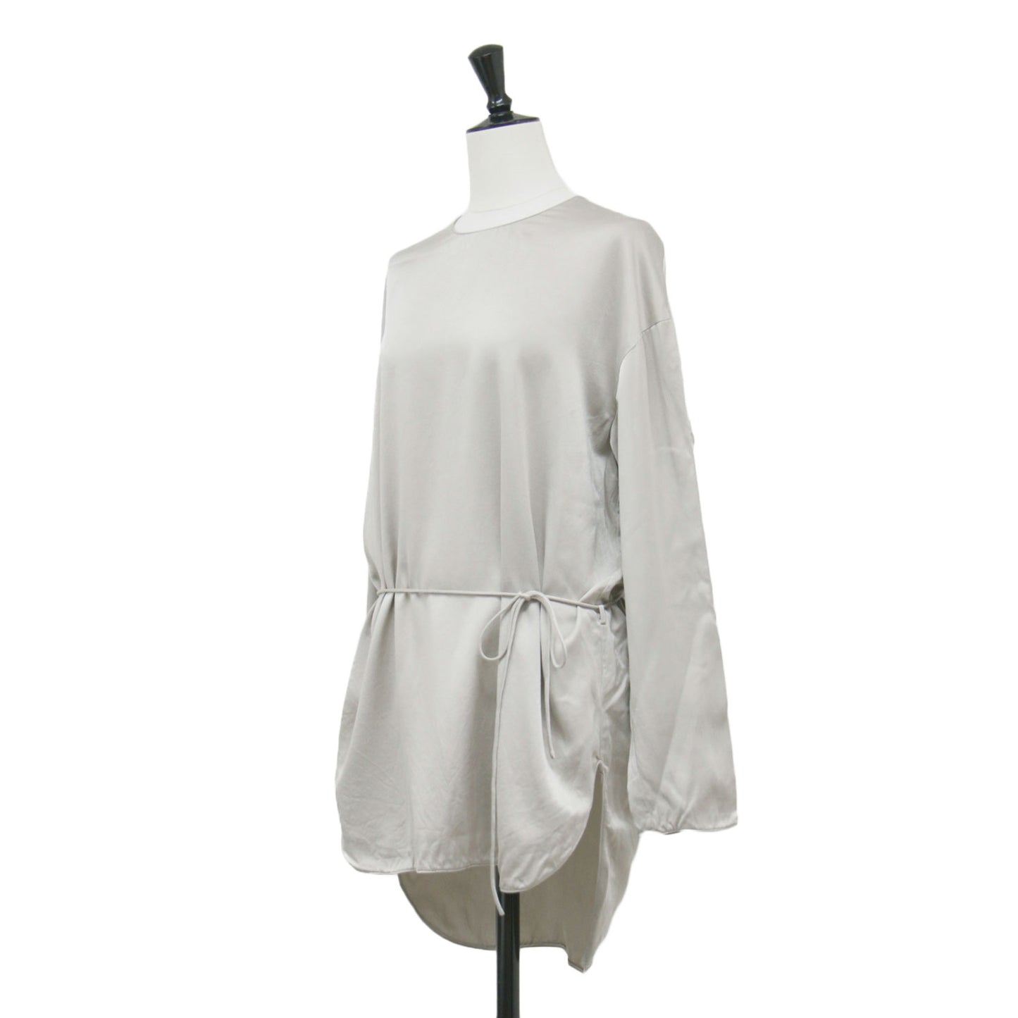 24秋冬 シルク ラウンドヘム Tブラウス / GENTLE SILK 長袖 クルーネック チュニック丈 サテン リボン ウォッシャブル