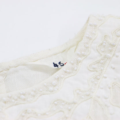 リネン 花柄 刺繍 ビーズ ブラウス / プルオーバー クルーネック ノースリーブ フレア