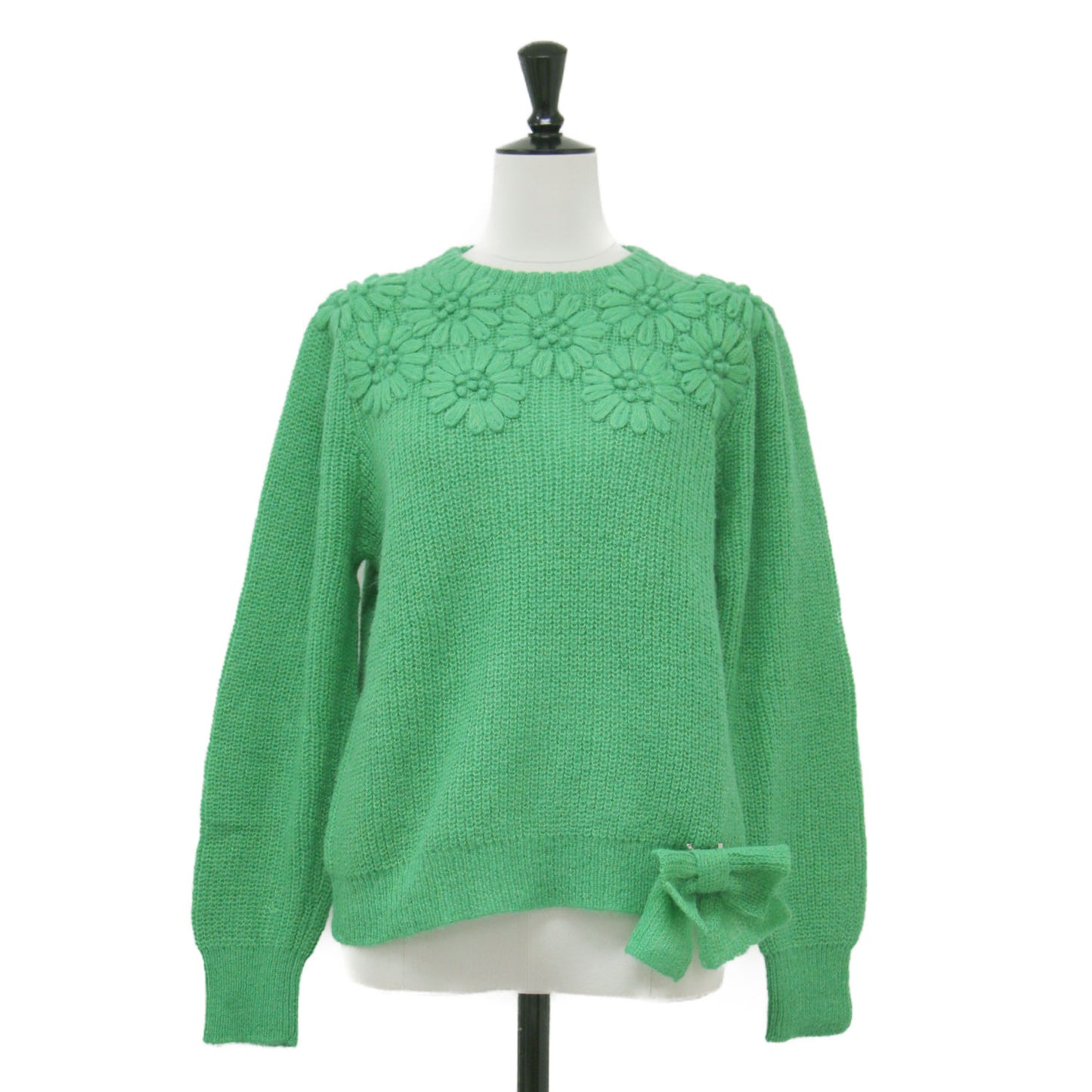 23秋冬 モヘア混 花モチーフニット / プルオーバー 長袖 クルーネック 畦編み リボン ウール