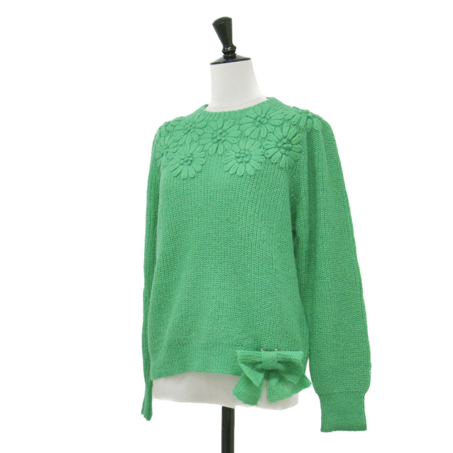 23秋冬 モヘア混 花モチーフニット / プルオーバー 長袖 クルーネック 畦編み リボン ウール