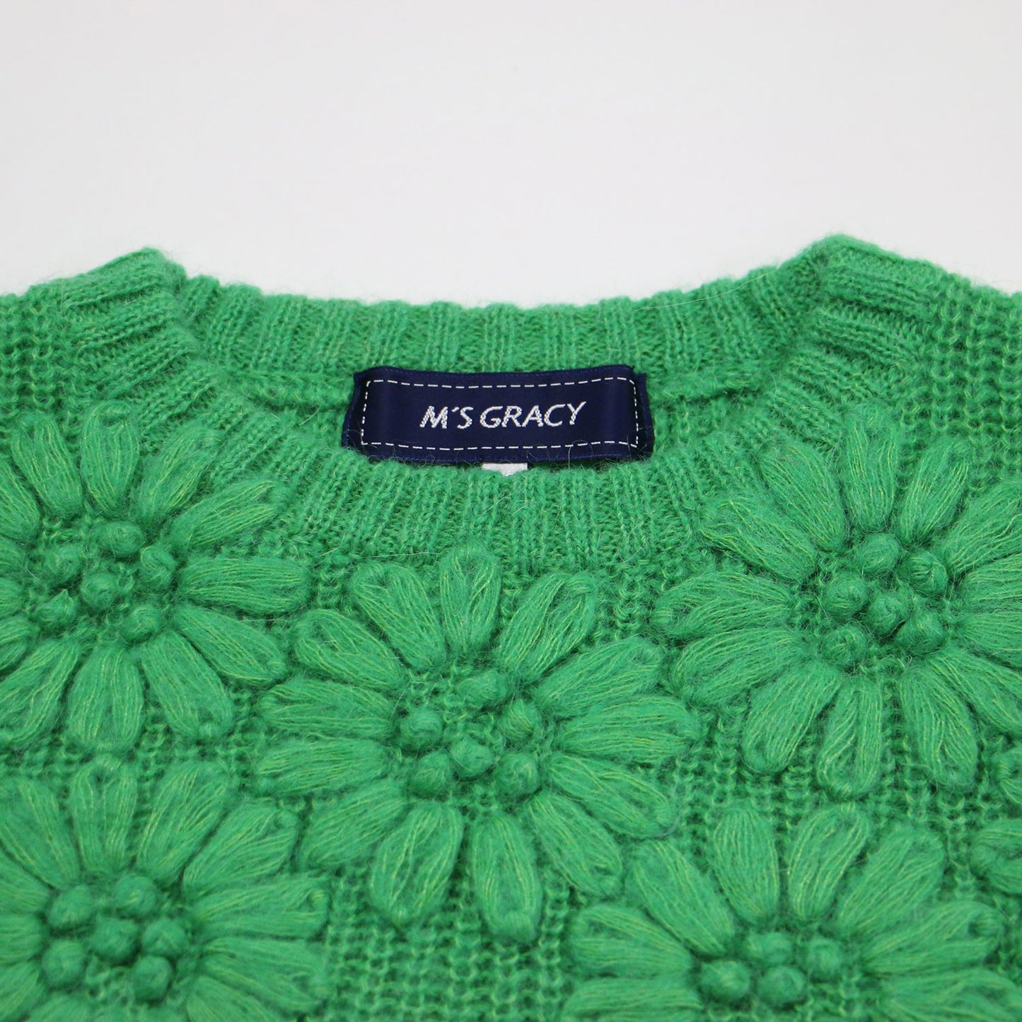 23秋冬 モヘア混 花モチーフニット / プルオーバー 長袖 クルーネック 畦編み リボン ウール