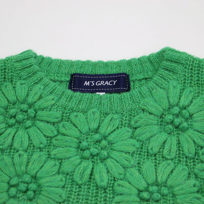 23秋冬 モヘア混 花モチーフニット / プルオーバー 長袖 クルーネック 畦編み リボン ウール