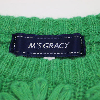 23秋冬 モヘア混 花モチーフニット / プルオーバー 長袖 クルーネック 畦編み リボン ウール