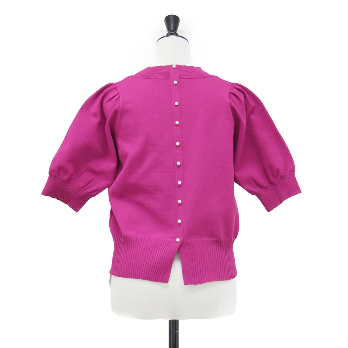 バックパールボタン 半袖 プルオーバー / ニット クルーネック パフスリーブ リブ ハイゲージ