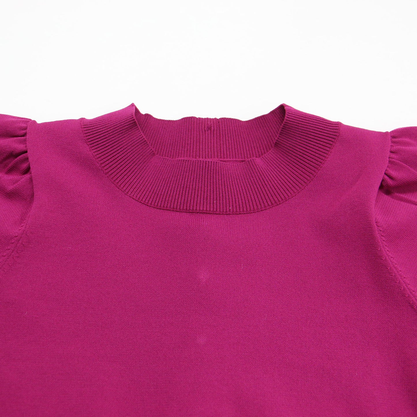 バックパールボタン 半袖 プルオーバー / ニット クルーネック パフスリーブ リブ ハイゲージ