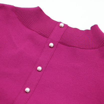 バックパールボタン 半袖 プルオーバー / ニット クルーネック パフスリーブ リブ ハイゲージ