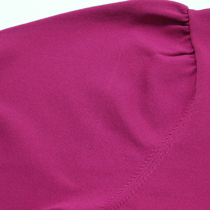 バックパールボタン 半袖 プルオーバー / ニット クルーネック パフスリーブ リブ ハイゲージ