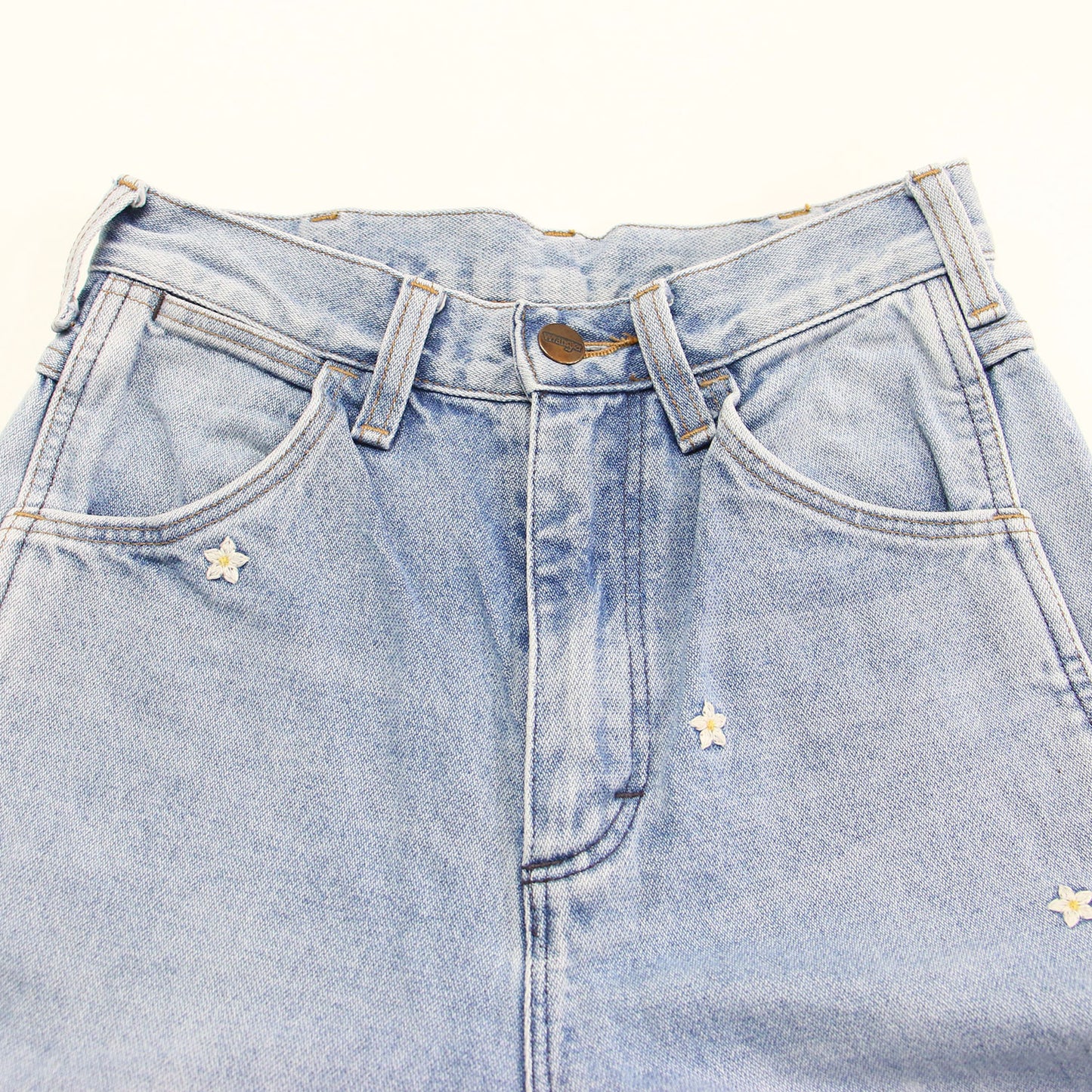 花柄 刺繍 デニムパンツ / フレア 5ポケット ジップフライ コットン