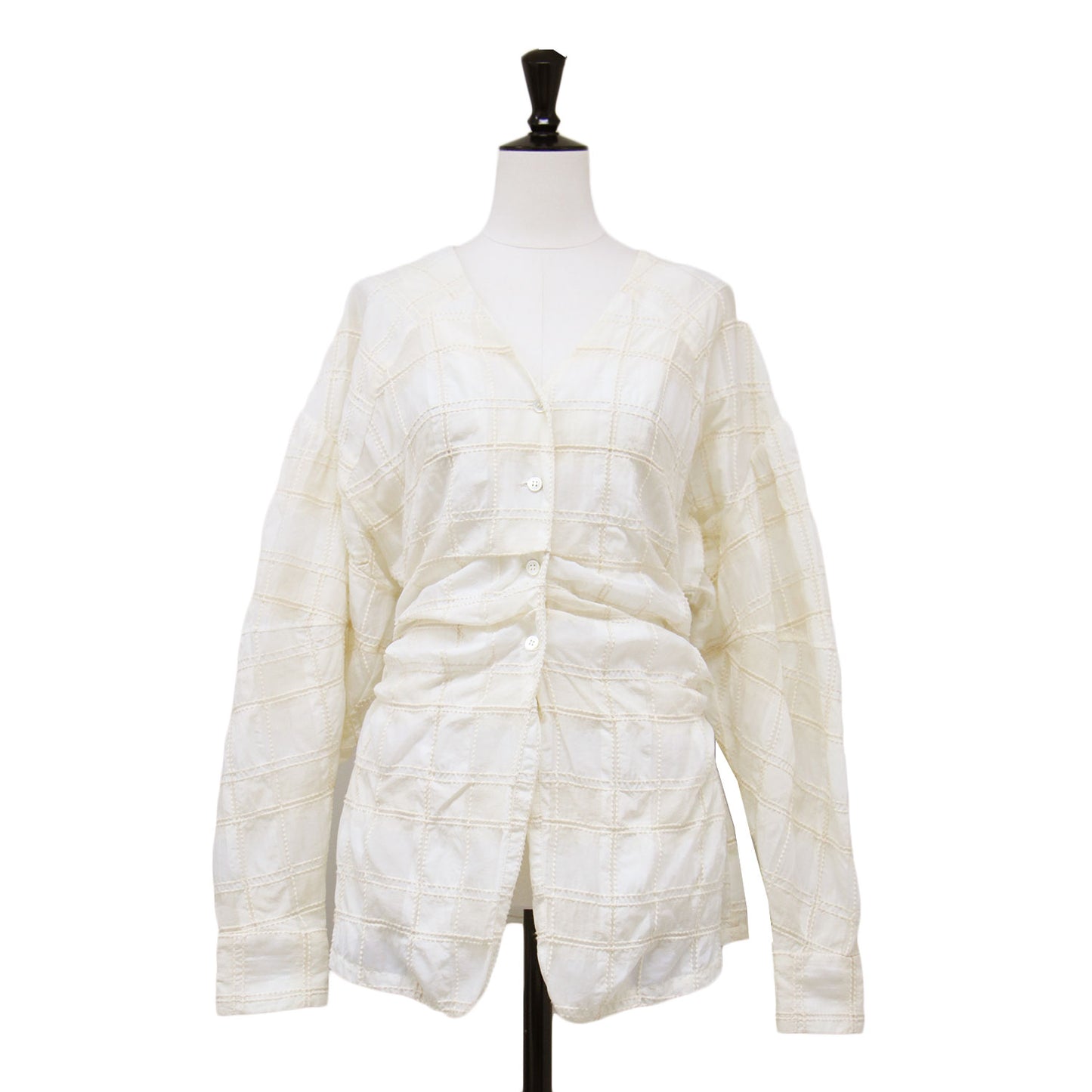 Vネック シアー チェック ブラウス / SHEER CHECK TUCK WAIST BLOUSE シャツ 長袖 タック 刺繍 コットン