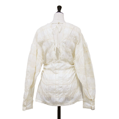 Vネック シアー チェック ブラウス / SHEER CHECK TUCK WAIST BLOUSE シャツ 長袖 タック 刺繍 コットン