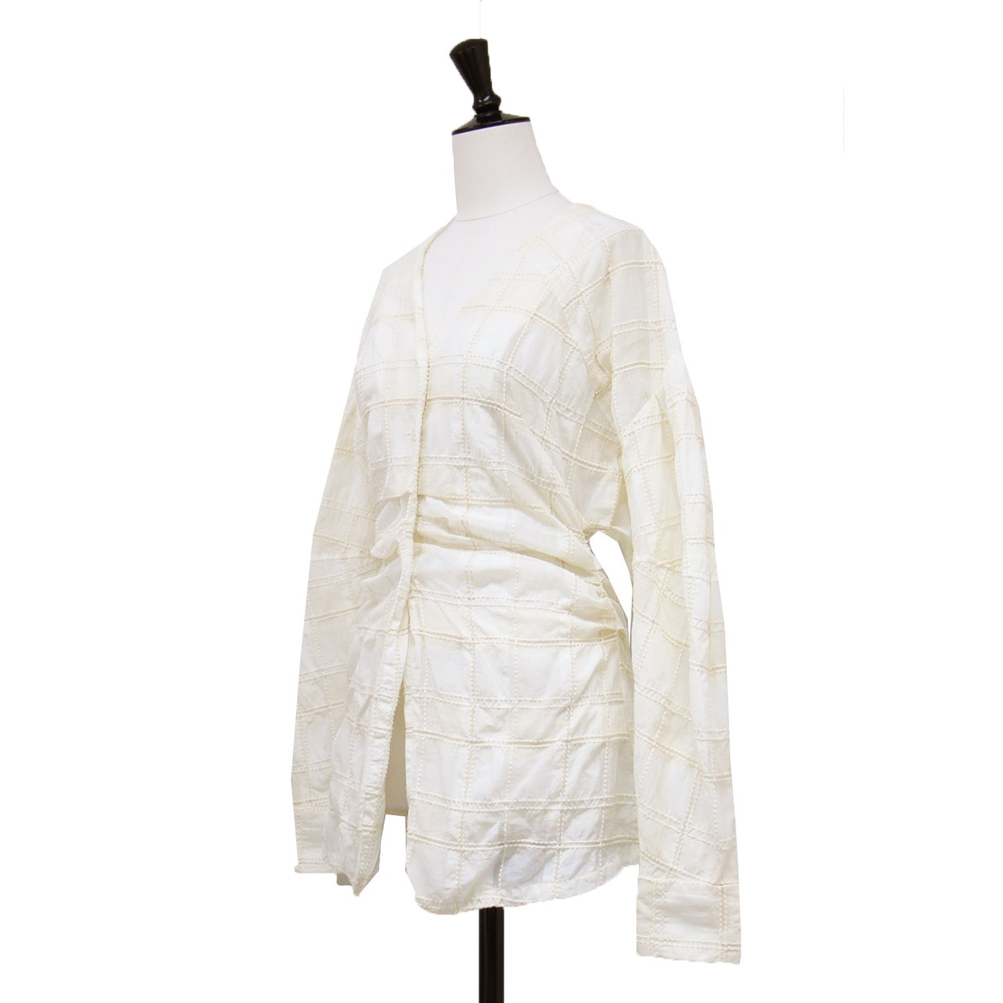 Vネック シアー チェック ブラウス / SHEER CHECK TUCK WAIST BLOUSE シャツ 長袖 タック 刺繍 コットン