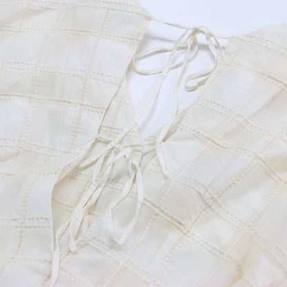 Vネック シアー チェック ブラウス / SHEER CHECK TUCK WAIST BLOUSE シャツ 長袖 タック 刺繍 コットン