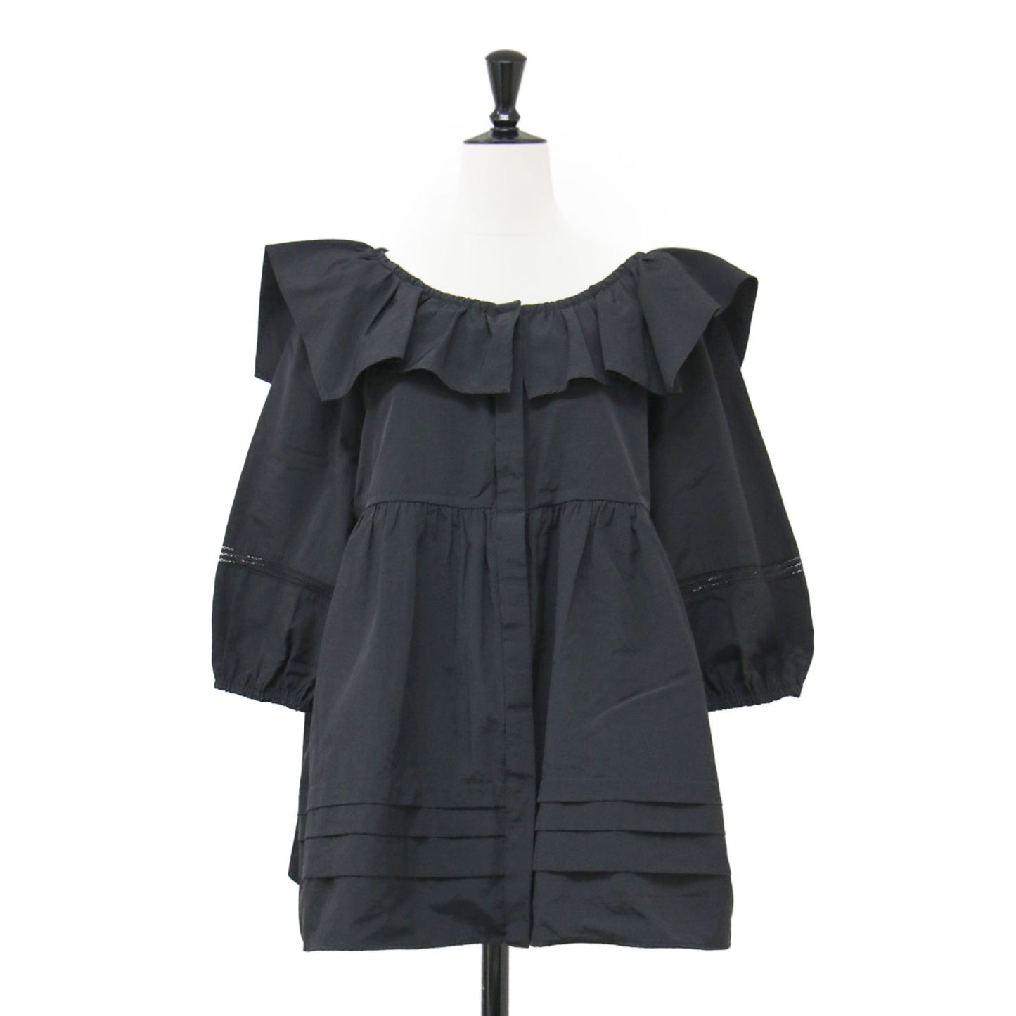 20秋冬 サブリナ トップス / SABRINA TOP ブラウス 七分袖 ボートネック パフスリーブ フリル ギャザー ワッペン コットン