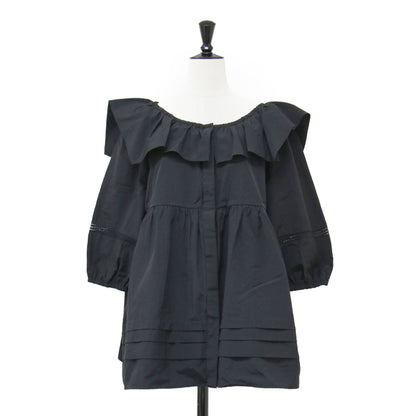20秋冬 サブリナ トップス / SABRINA TOP ブラウス 七分袖 ボートネック パフスリーブ フリル ギャザー ワッペン コットン