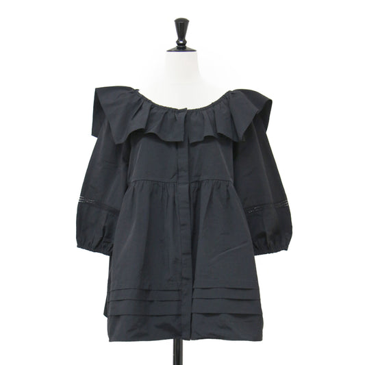 20秋冬 サブリナ トップス / SABRINA TOP ブラウス 七分袖 ボートネック パフスリーブ フリル ギャザー ワッペン コットン