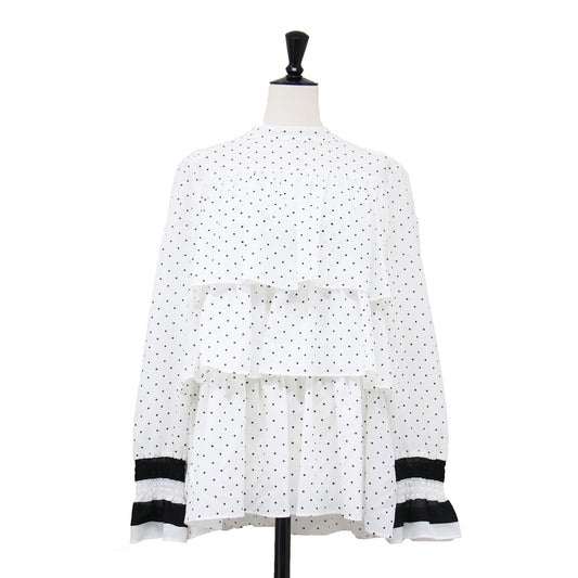21春夏 ドット ティアード ブラウス / プルオーバー 長袖 スタンドネック ギャザー フリル シアー