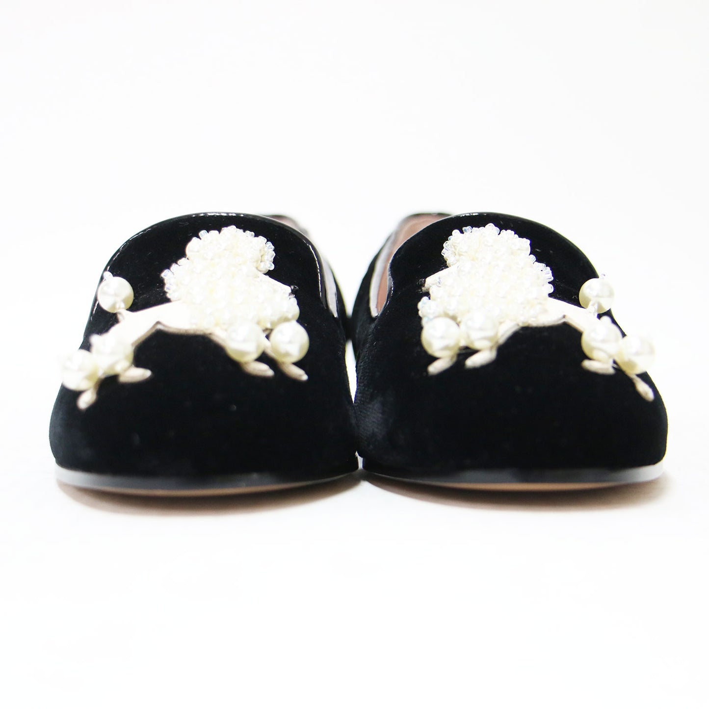 ラウンジプードル ローファー / スリッポン ラウンドトゥ ベルベット ビジュー パール 牛革