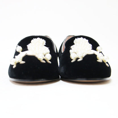 ラウンジプードル ローファー / スリッポン ラウンドトゥ ベルベット ビジュー パール 牛革