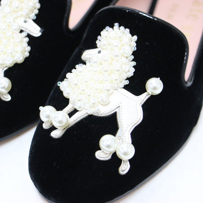 ラウンジプードル ローファー / スリッポン ラウンドトゥ ベルベット ビジュー パール 牛革