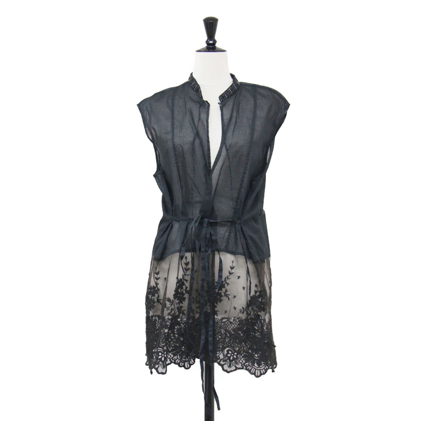 24秋冬 レース 刺繍 オーガン ビジュー ベスト / ジレ ノースリーブ スタンドカラー ボタンレス ビーズ シアー コットン