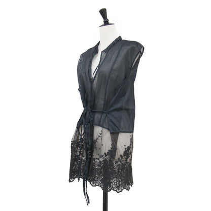 24秋冬 レース 刺繍 オーガン ビジュー ベスト / ジレ ノースリーブ スタンドカラー ボタンレス ビーズ シアー コットン