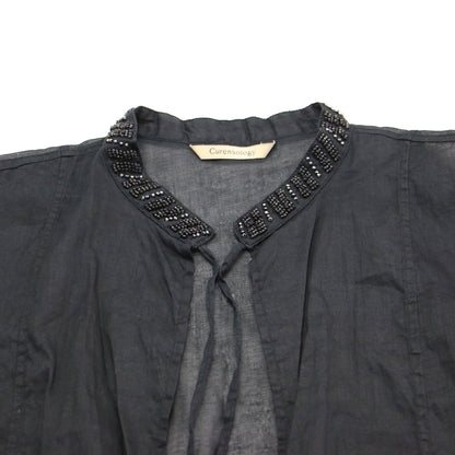 24秋冬 レース 刺繍 オーガン ビジュー ベスト / ジレ ノースリーブ スタンドカラー ボタンレス ビーズ シアー コットン