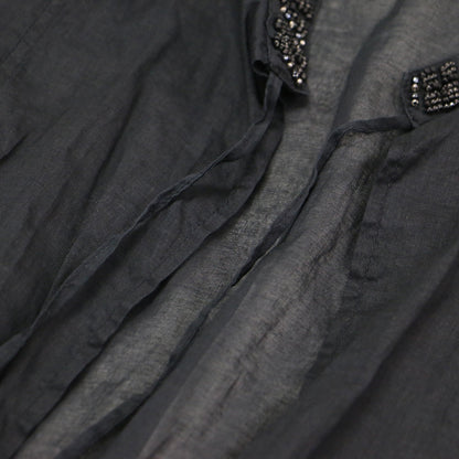 24秋冬 レース 刺繍 オーガン ビジュー ベスト / ジレ ノースリーブ スタンドカラー ボタンレス ビーズ シアー コットン