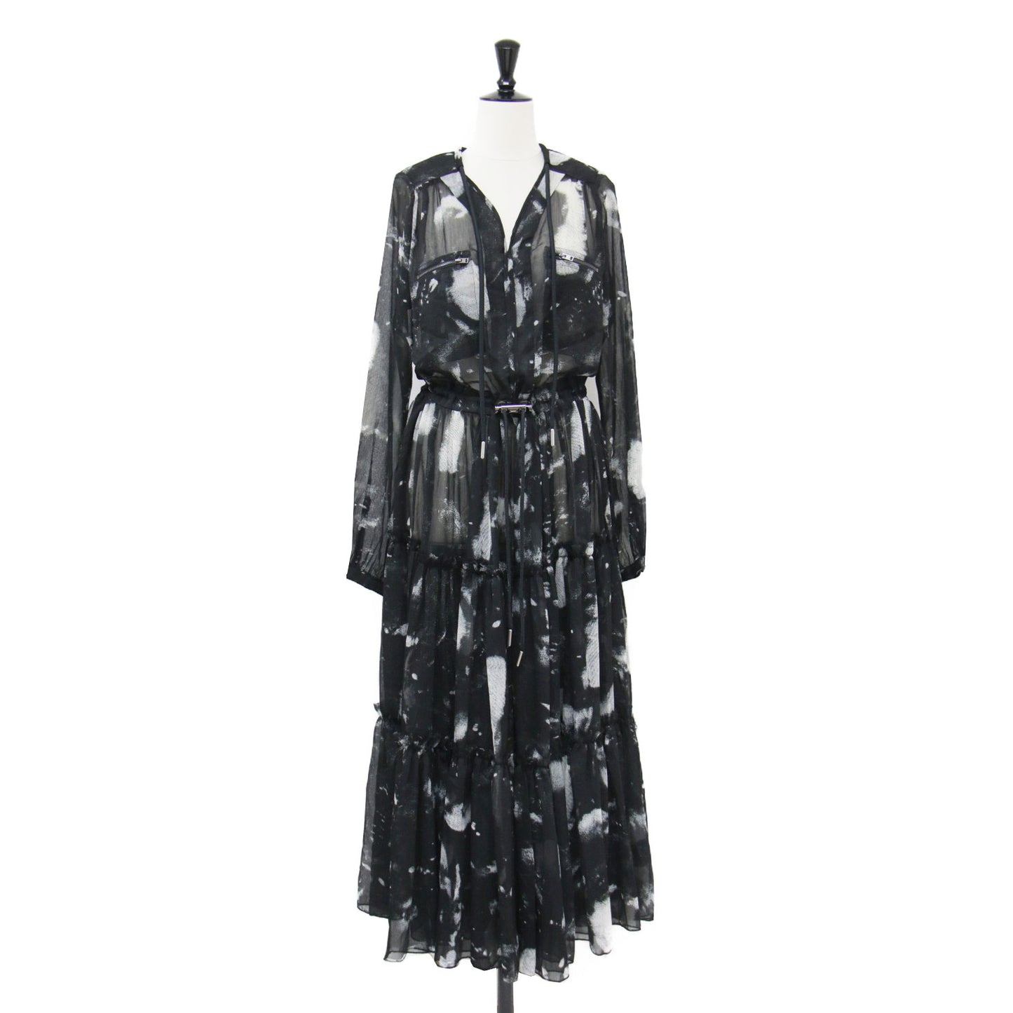 プリント シアー ロング ワンピース / D-HINES-A DRESS ドレス 長袖 Vネック ティアード 総柄