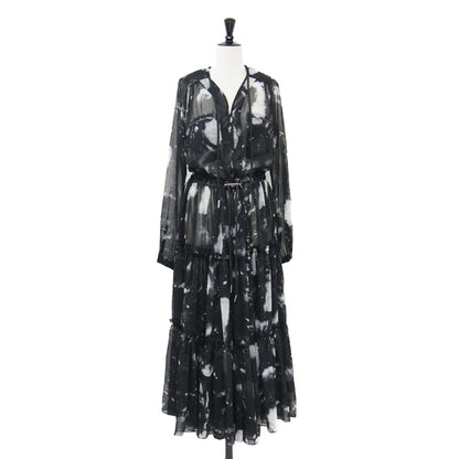 プリント シアー ロング ワンピース / D-HINES-A DRESS ドレス 長袖 Vネック ティアード 総柄