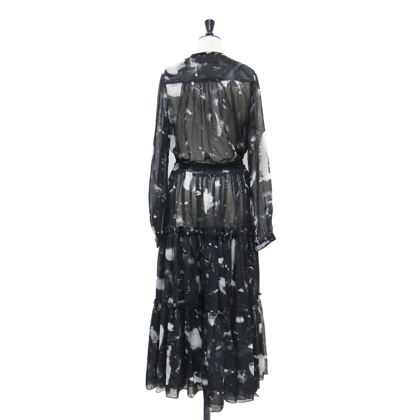 プリント シアー ロング ワンピース / D-HINES-A DRESS ドレス 長袖 Vネック ティアード 総柄