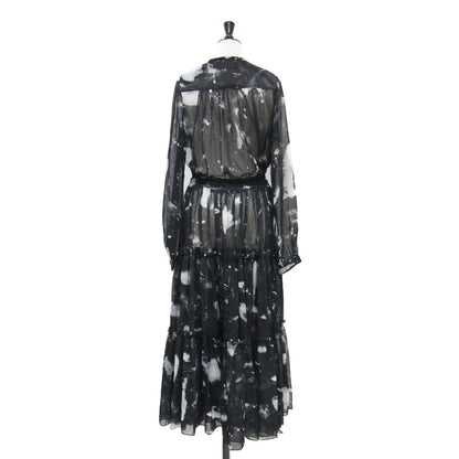 プリント シアー ロング ワンピース / D-HINES-A DRESS ドレス 長袖 Vネック ティアード 総柄