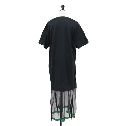 メッシュ コンビ ロング ワンピース / Tシャツ 半袖 クルーネック フリンジ 配色 コットン