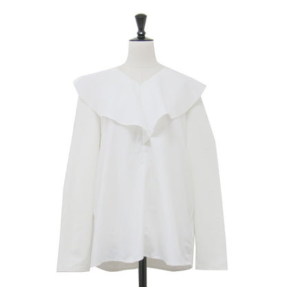 23秋冬 ハイゲージ ポンチ ラッフルカラー プルオーバー / ブラウス カットソー 長袖 Vネック フリル コットン