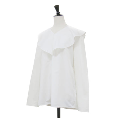 23秋冬 ハイゲージ ポンチ ラッフルカラー プルオーバー / ブラウス カットソー 長袖 Vネック フリル コットン