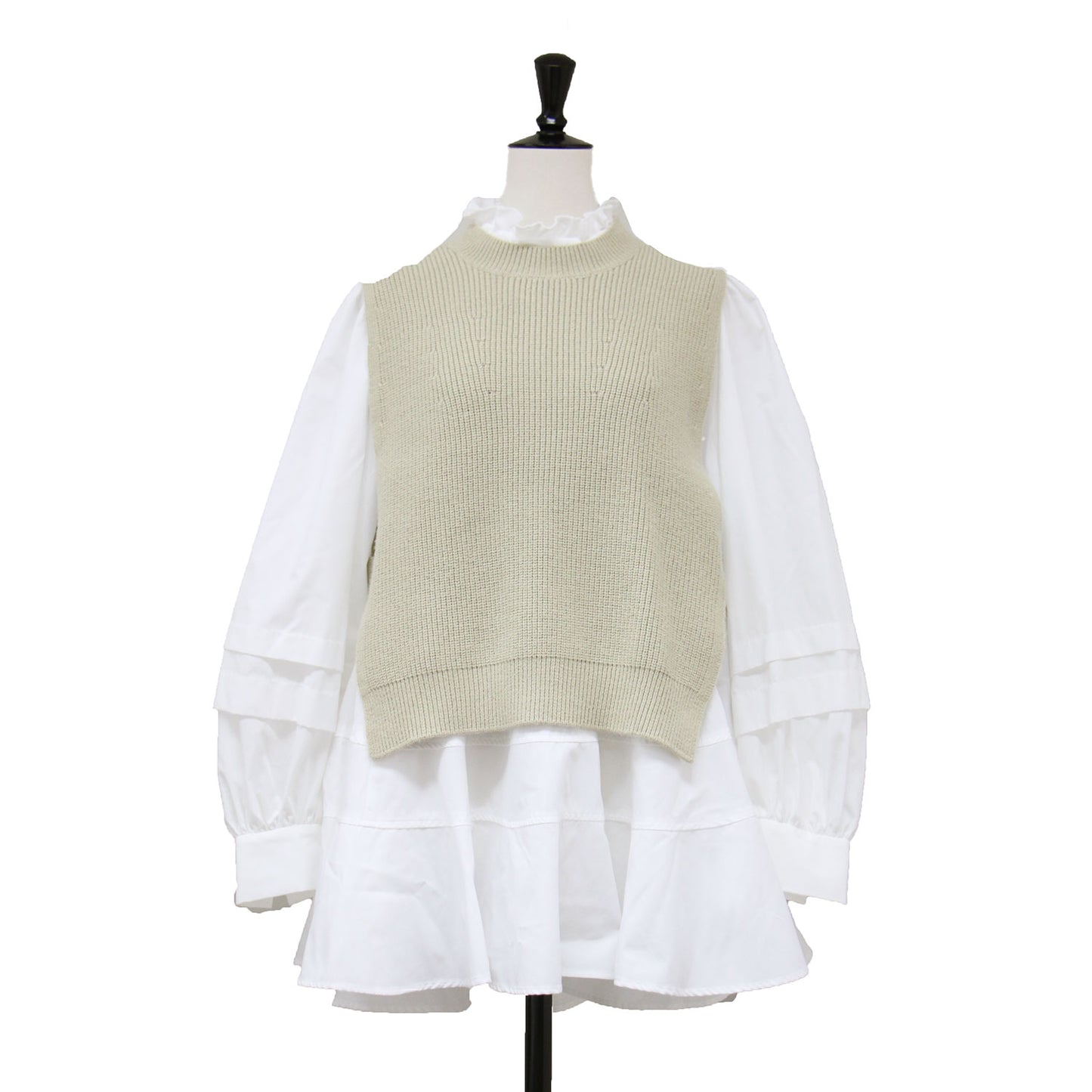 21秋冬 ニット ベスト ブラウス セット / チュニック丈 長袖 フリルカラー フレア ボリュームスリーブ