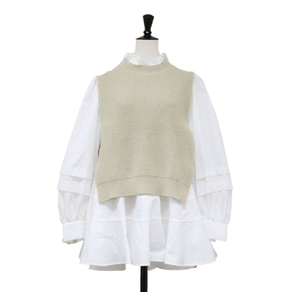 21秋冬 ニット ベスト ブラウス セット / チュニック丈 長袖 フリルカラー フレア ボリュームスリーブ