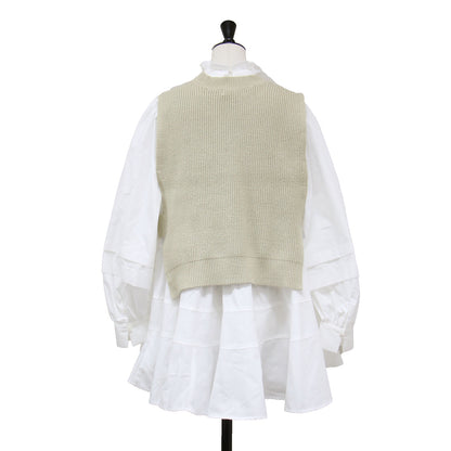 21秋冬 ニット ベスト ブラウス セット / チュニック丈 長袖 フリルカラー フレア ボリュームスリーブ