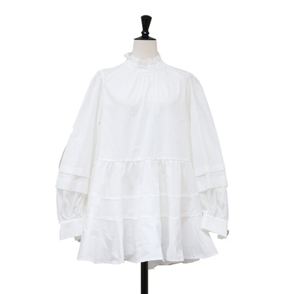 21秋冬 ニット ベスト ブラウス セット / チュニック丈 長袖 フリルカラー フレア ボリュームスリーブ