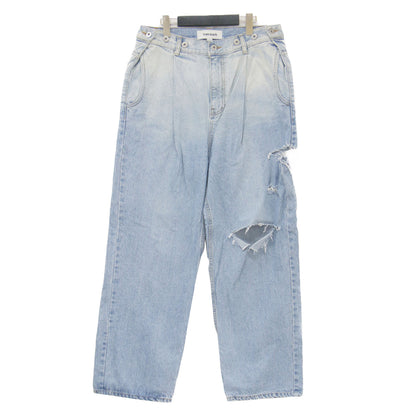 25春夏 ウエストタブ デニム パンツ / ジーンズ ワイド ダメージ加工 タック コットン