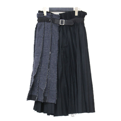 ツイード プリーツ ラップ スカート / Pleat Wrap Skirt-Tweed ミディ丈 コンビ グレンチェック ウール コットン