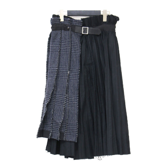 ツイード プリーツ ラップ スカート / Pleat Wrap Skirt-Tweed ミディ丈 コンビ グレンチェック ウール コットン