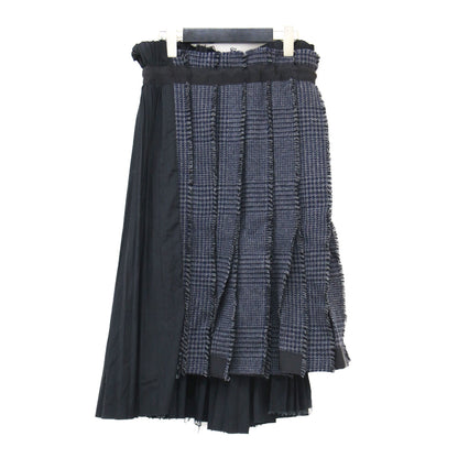 ツイード プリーツ ラップ スカート / Pleat Wrap Skirt-Tweed ミディ丈 コンビ グレンチェック ウール コットン