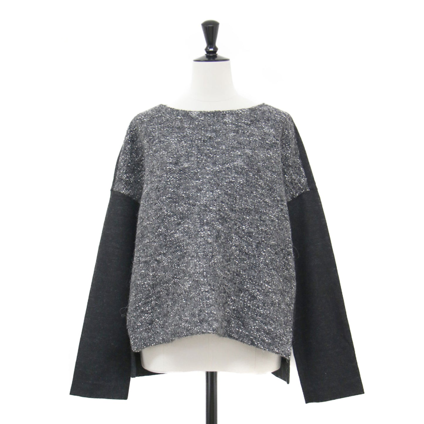 コットン ウール ツイード 切替 プルオーバー / ブラウス 長袖 ドロップショルダー クルーネック スリット