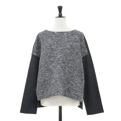 コットン ウール ツイード 切替 プルオーバー / ブラウス 長袖 ドロップショルダー クルーネック スリット