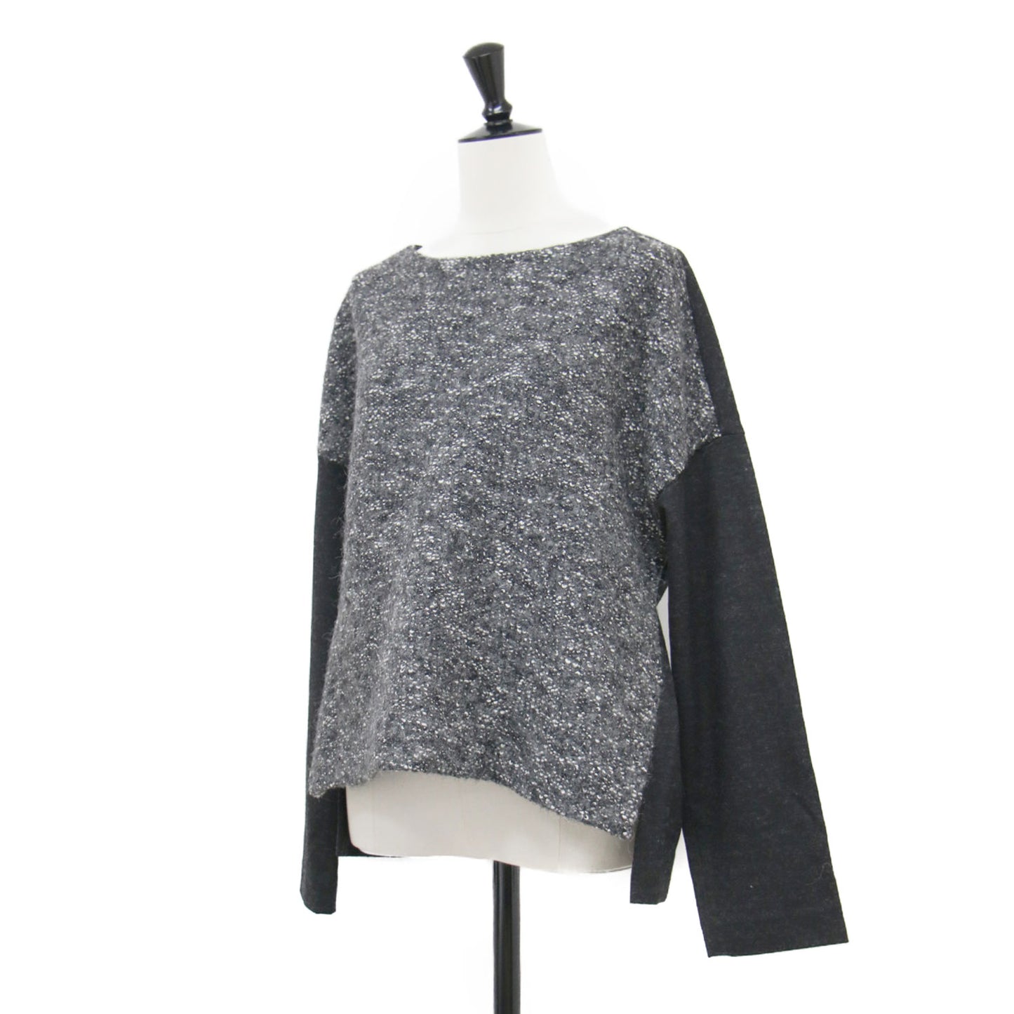 コットン ウール ツイード 切替 プルオーバー / ブラウス 長袖 ドロップショルダー クルーネック スリット