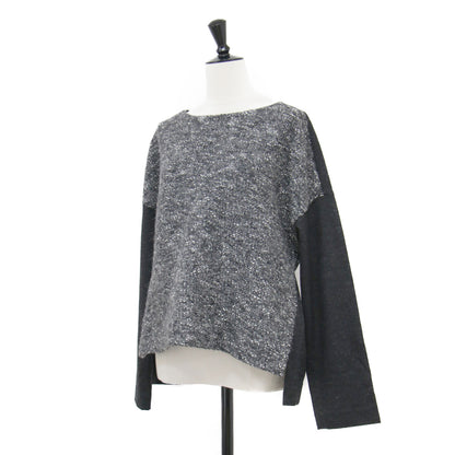 コットン ウール ツイード 切替 プルオーバー / ブラウス 長袖 ドロップショルダー クルーネック スリット